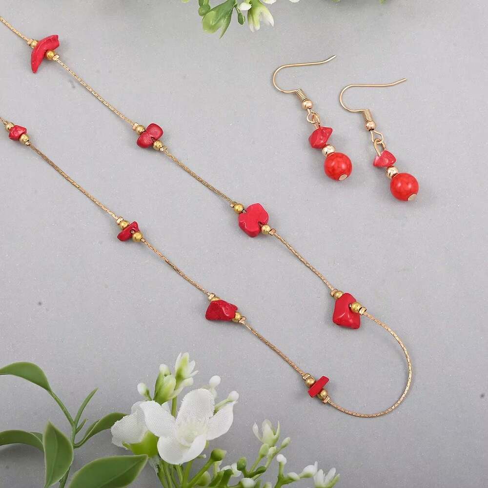 Red Howlite Station Necklace and Earring Jewelry Set